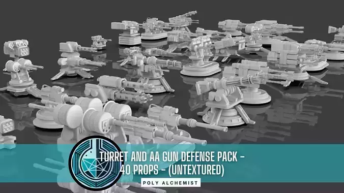 Turret and AA Gun Defense Pack - 7 - 40 Props - Untextured