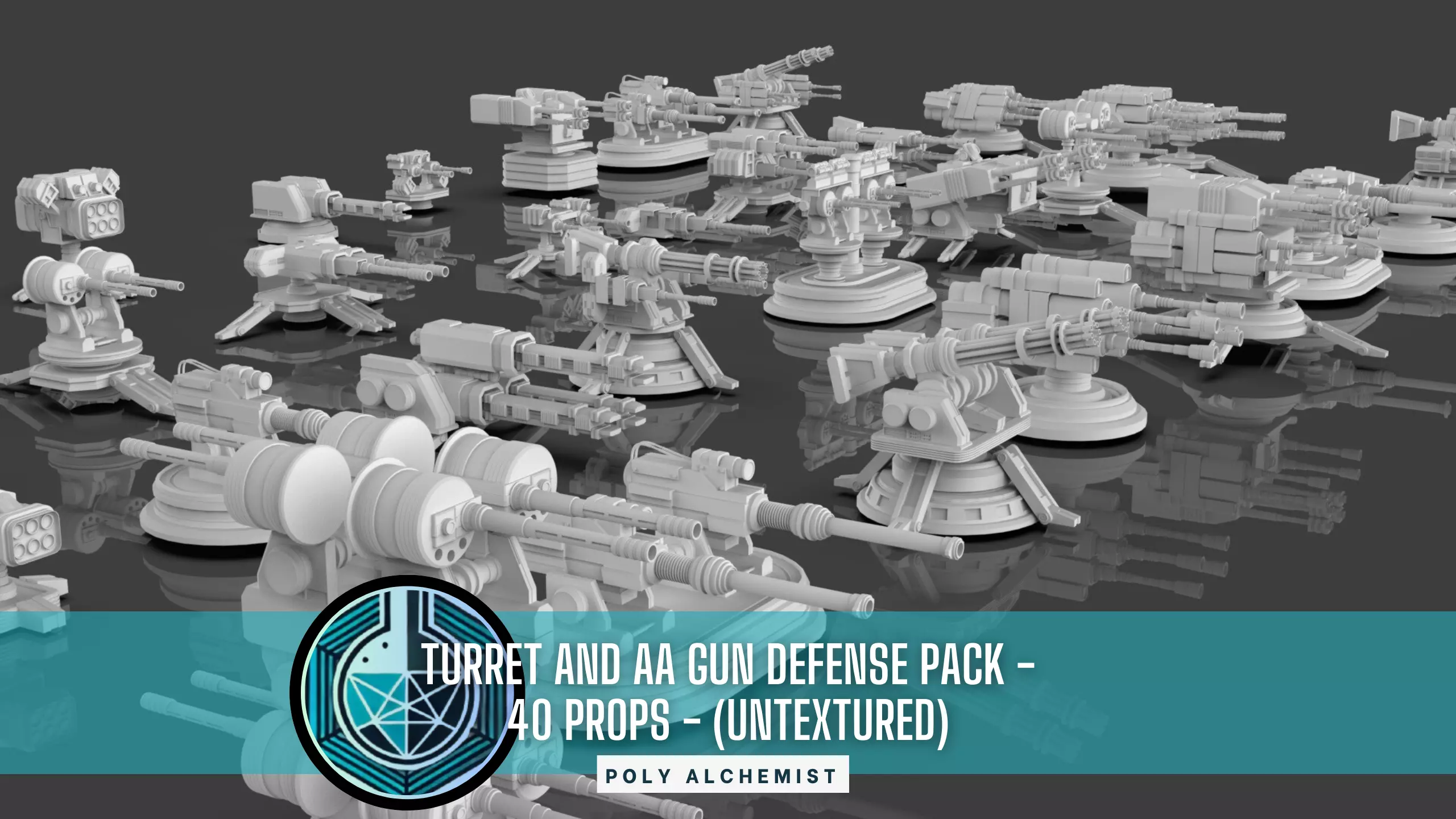 Turret and AA Gun Defense Pack - 7 - 40 Props - Untextured 3D model_0