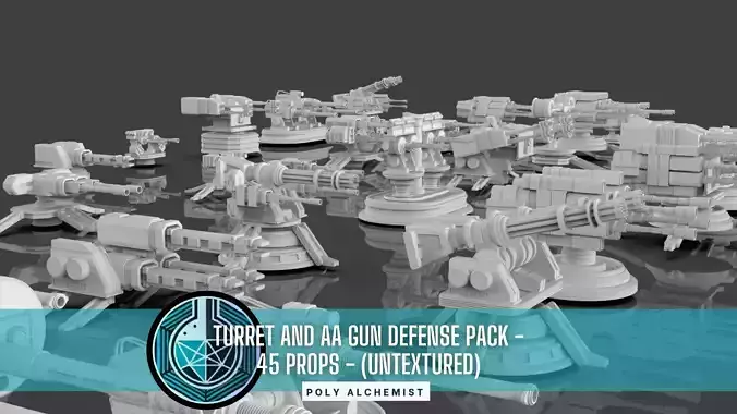 Turret and AA Gun Defense Pack - 8 - 45 Props - Untextured