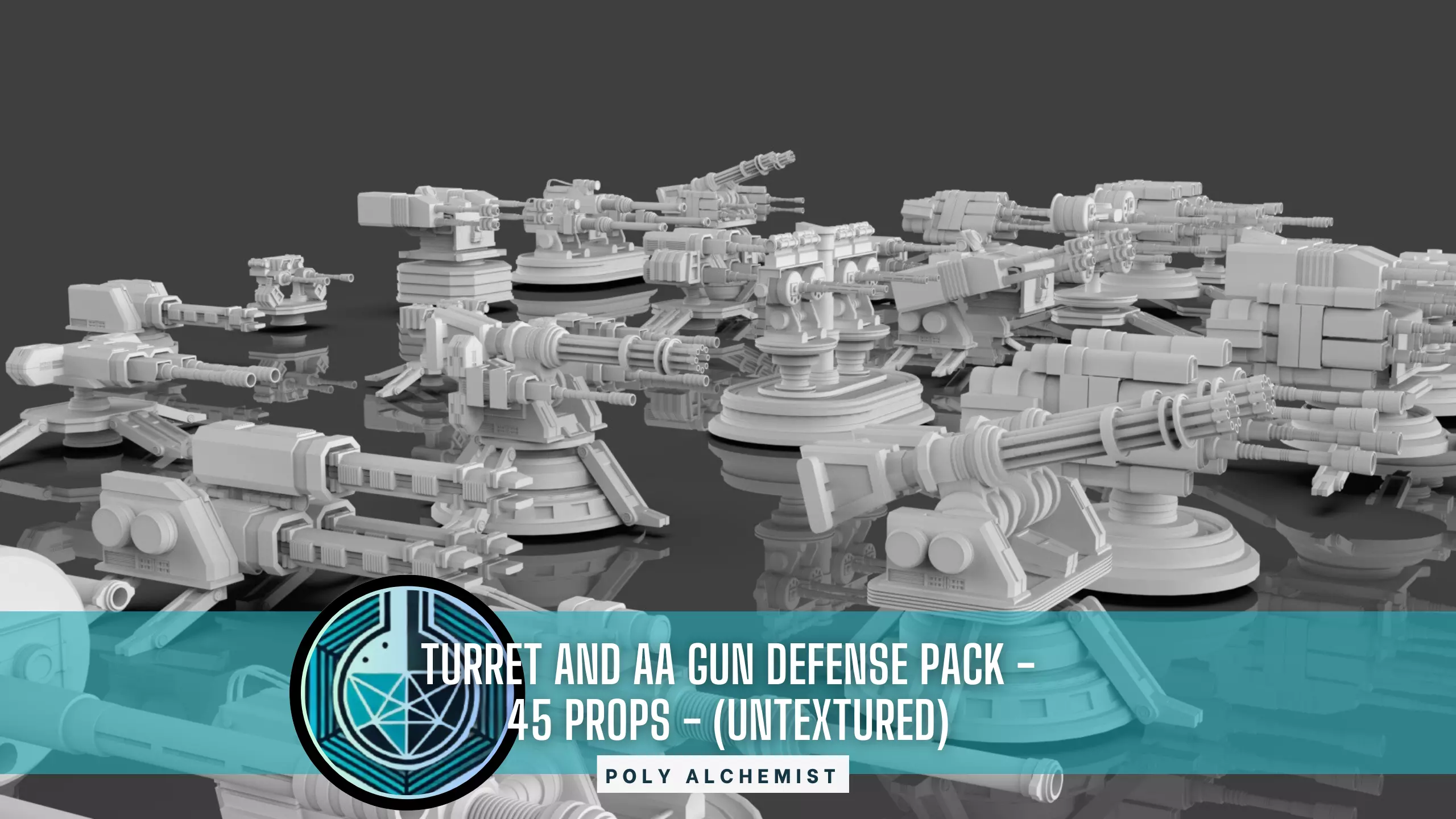 Turret and AA Gun Defense Pack - 8 - 45 Props - Untextured 3D model