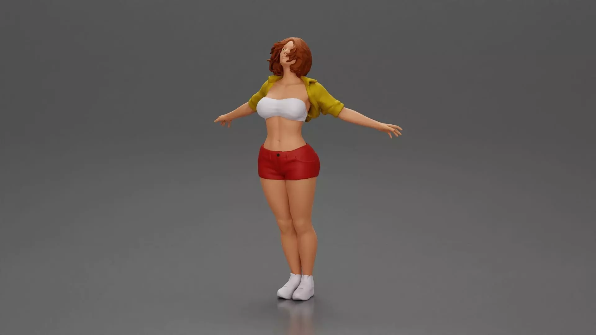 Auburn haired woman twirls with arms outstretched embracing 3D print model_0