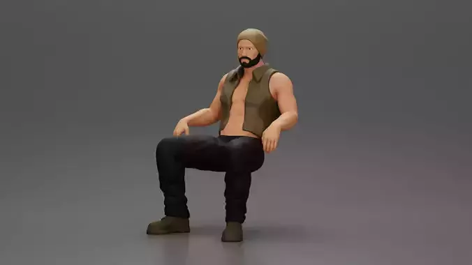 Muscular Bearded Man in Beanie Vest Pants Sitting Casually 3D print model
