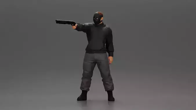 Masked man in black jacket aims shotgun with determined gaze