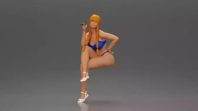 Woman sitting  with Pigtails wearing bikini smoking cigarette