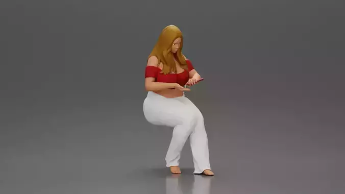 Blonde woman in red top white pants sitting applies hand cream 3D print model