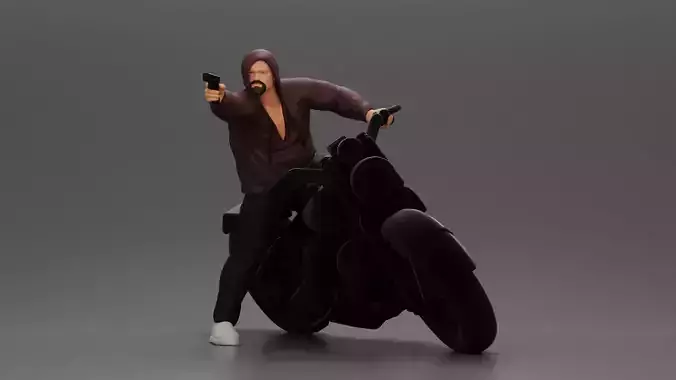 Hooded gangster man sits on motorcycle aiming a pistol 3D print model