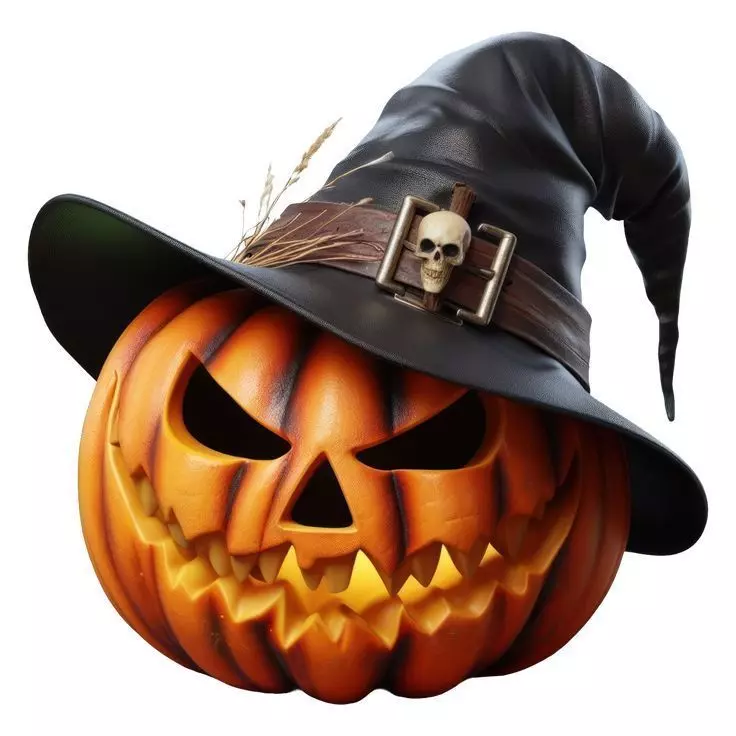 Halloween Jack Lantern 3D Carved Pumpkin Witch Hat Skull Low-poly 3D model_0