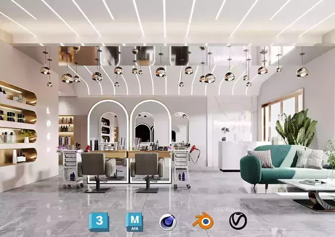 3D Barber Shop Interior with Furniture and Props