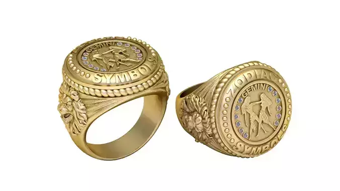 3D Printable Gemini Zodiac Symbol Signet Ring
