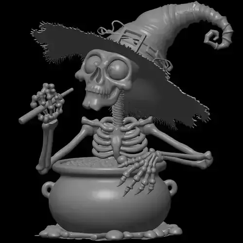 skeleton witch and  cauldron