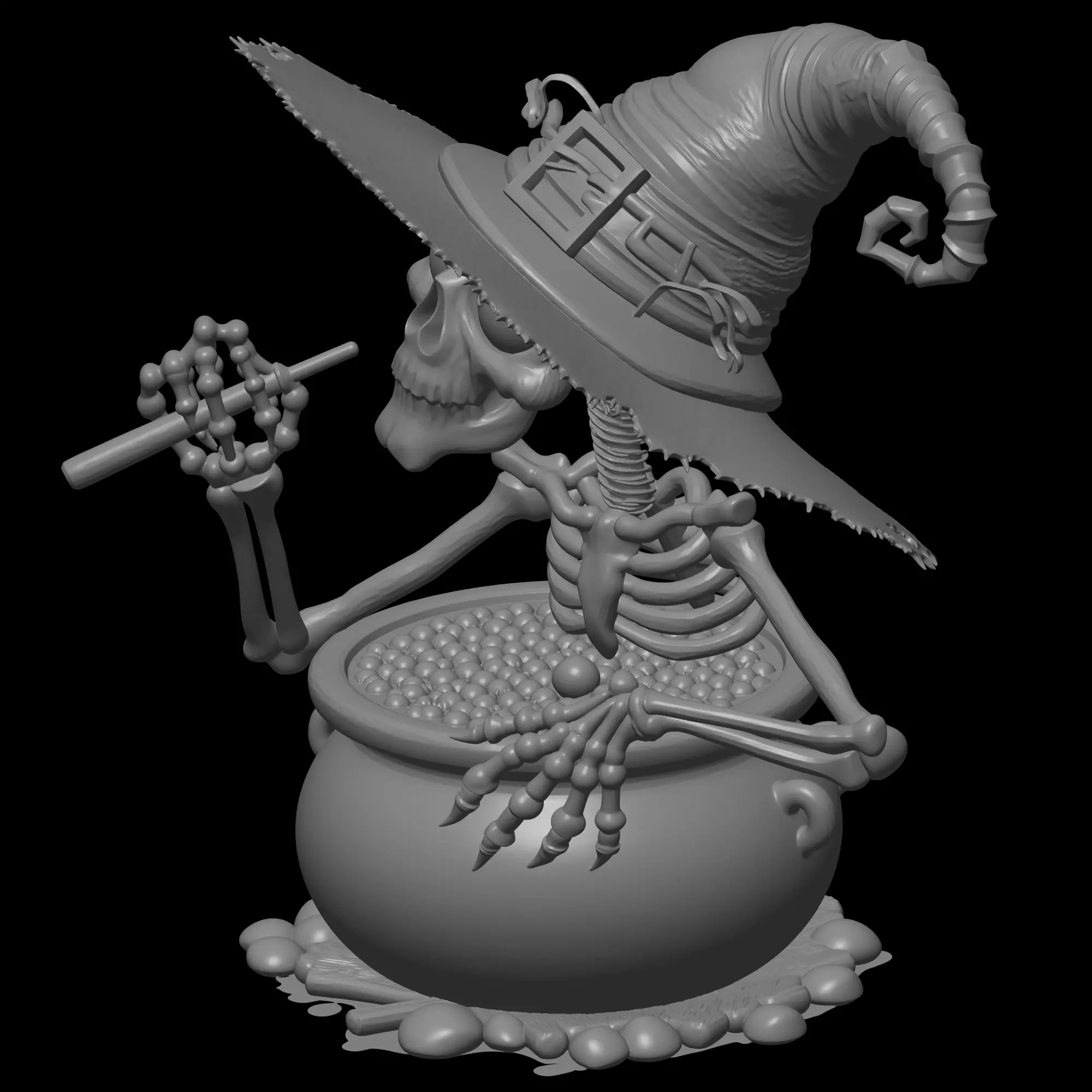 skeleton witch and  cauldron 3D print model_2