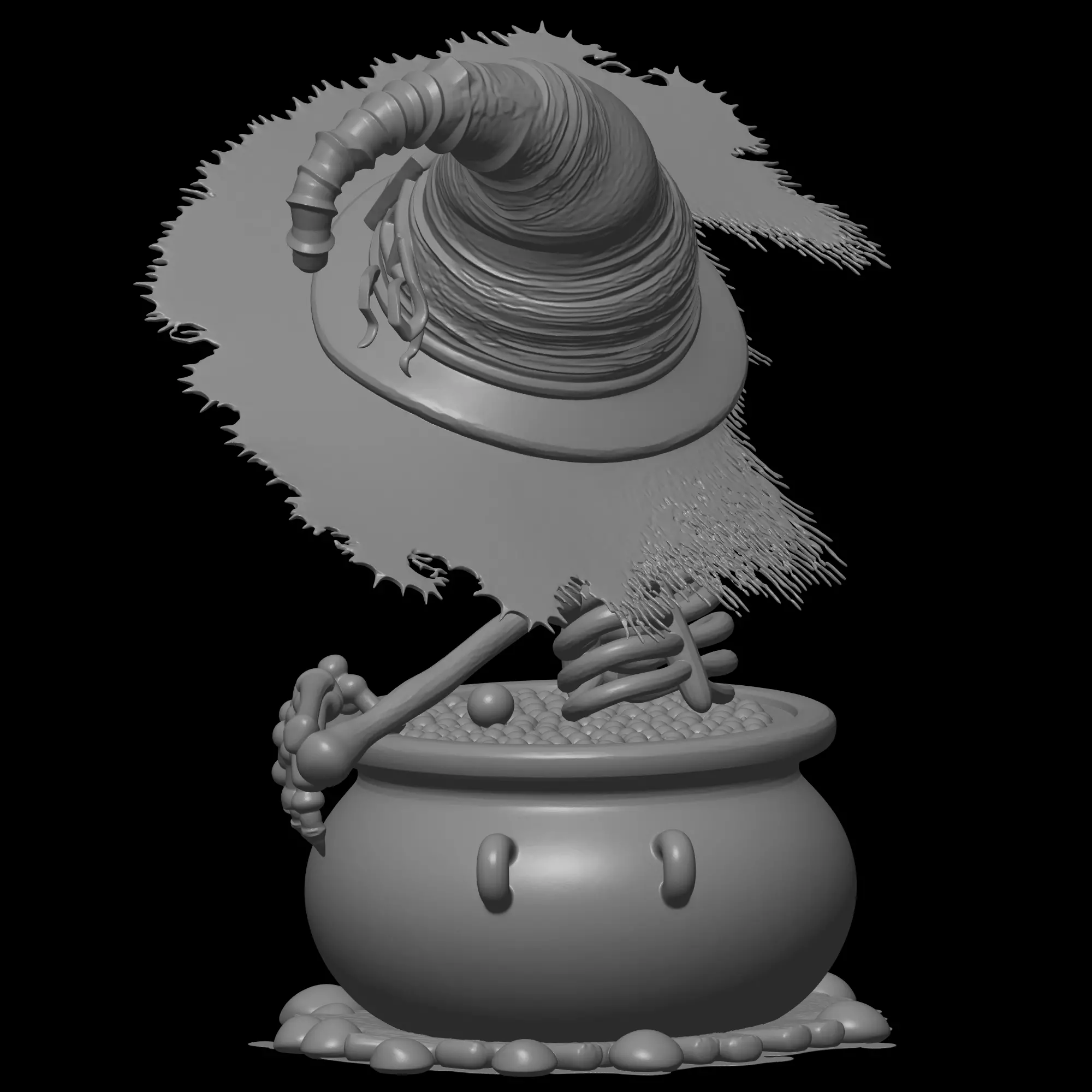 skeleton witch and  cauldron 3D print model_1
