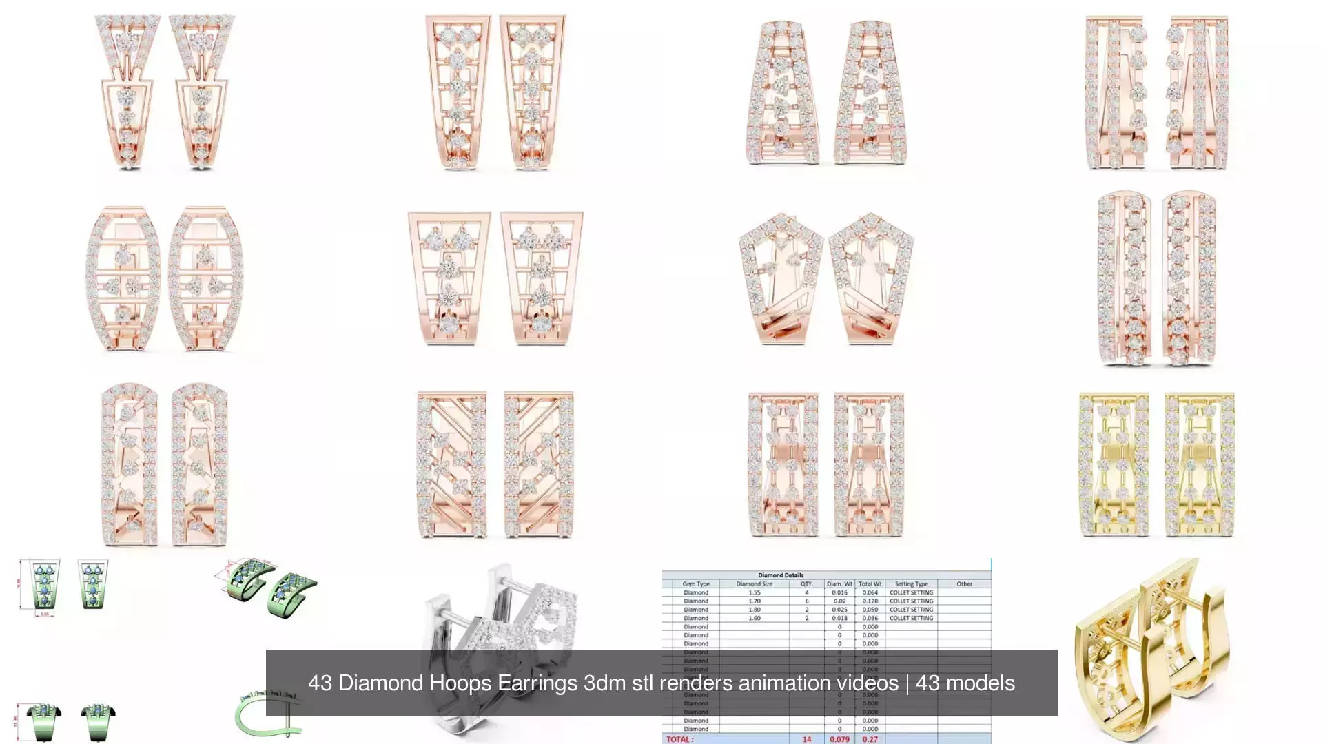 43 Diamond Hoops Earrings 3dm stl renders animation videos 3D Model Collection_4