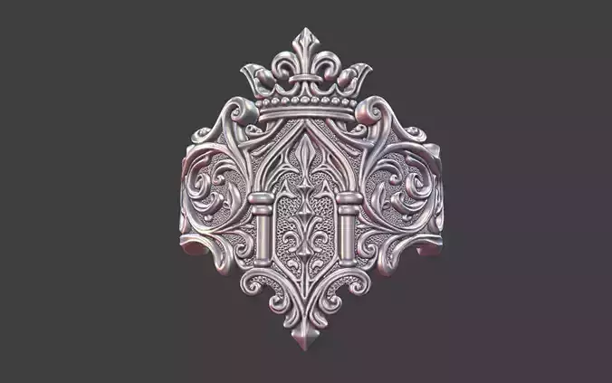 Heraldic scrollwork crown ring signet ring