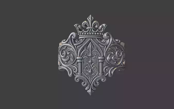 Heraldic scrollwork crown ring signet ring