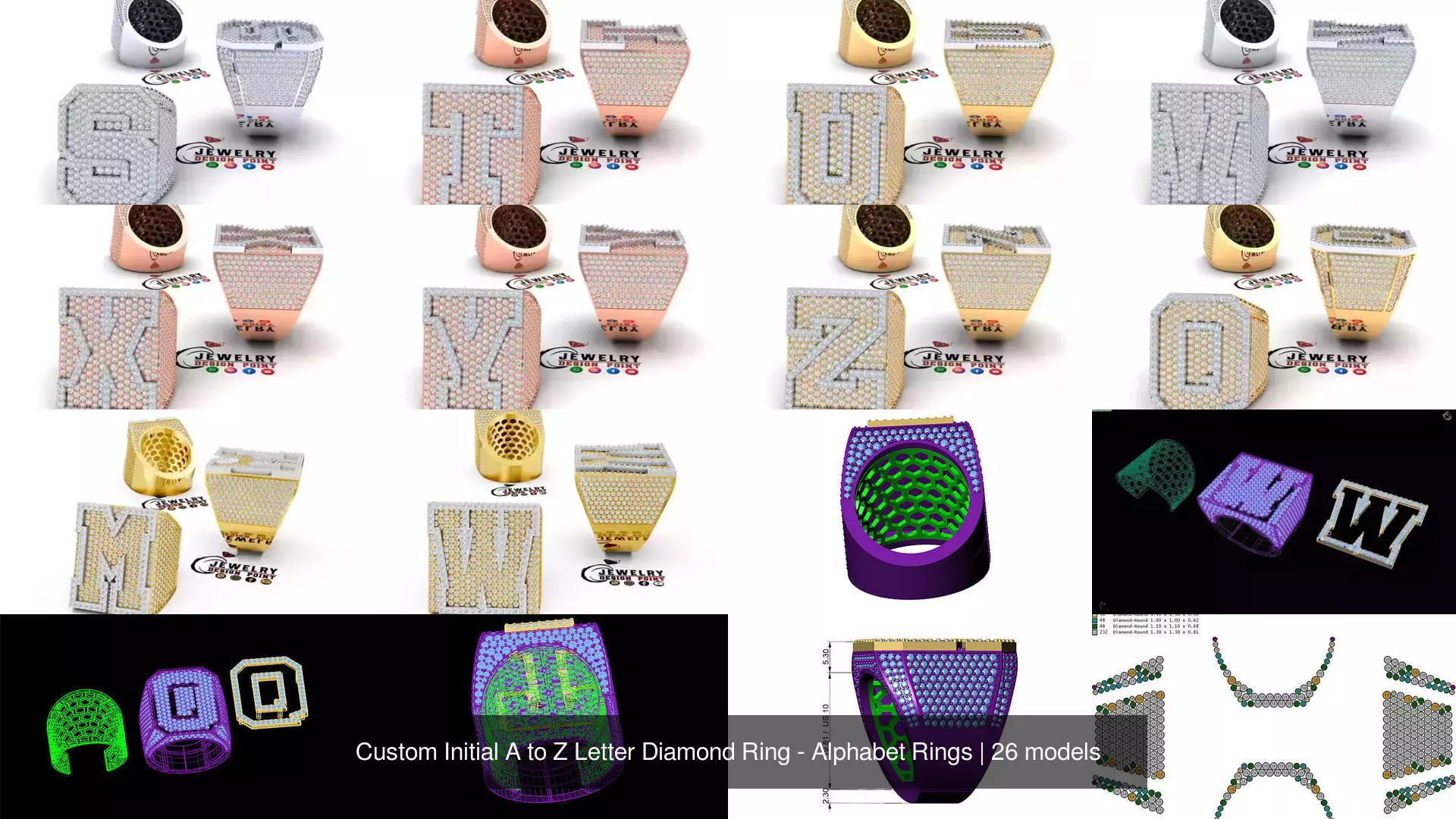 Custom Initial A to Z Letter Diamond Ring - Alphabet Rings 3D Model Collection_2