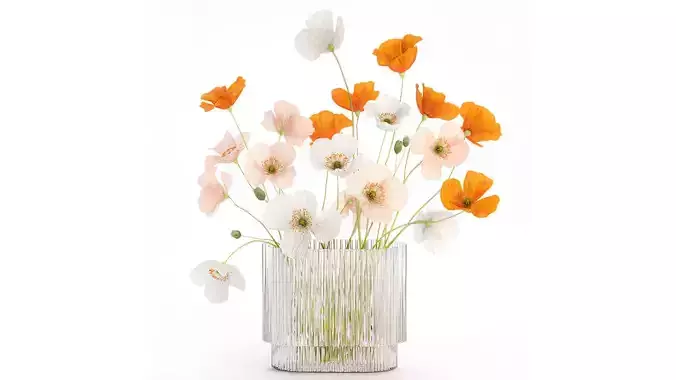 Beautiful Realistic Bouquet Of Wild Flowers Poppy glass vase 627