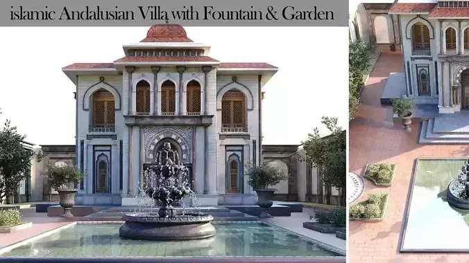 islamic Andalusian Villa with Fountain Garden Low-poly 3D model