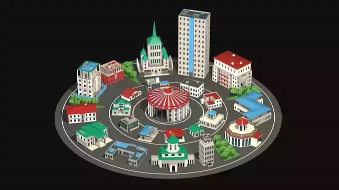 City center street low poly Low-poly 3D model
