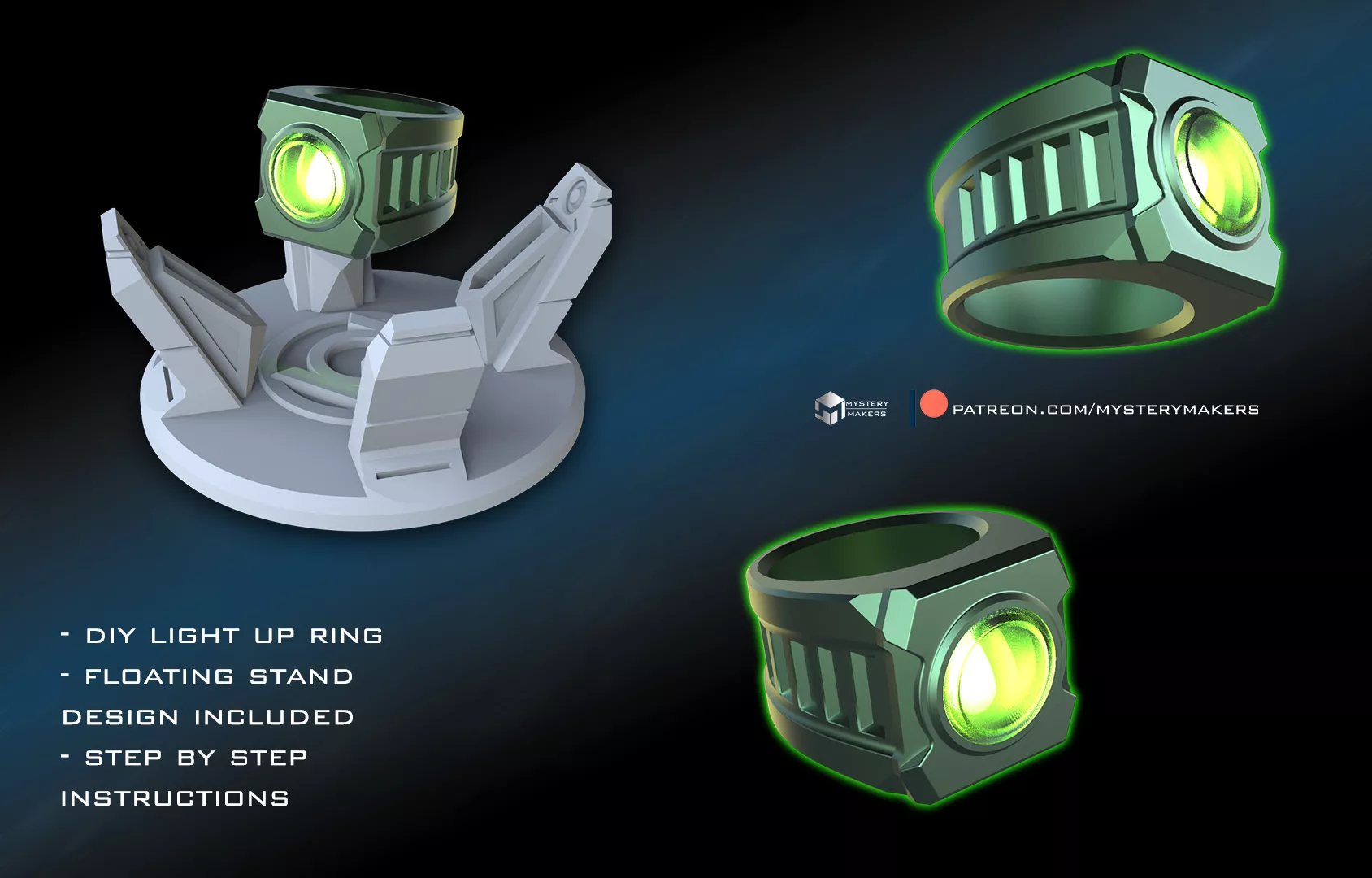 Green Lantern ring with levitating stand 3D print model