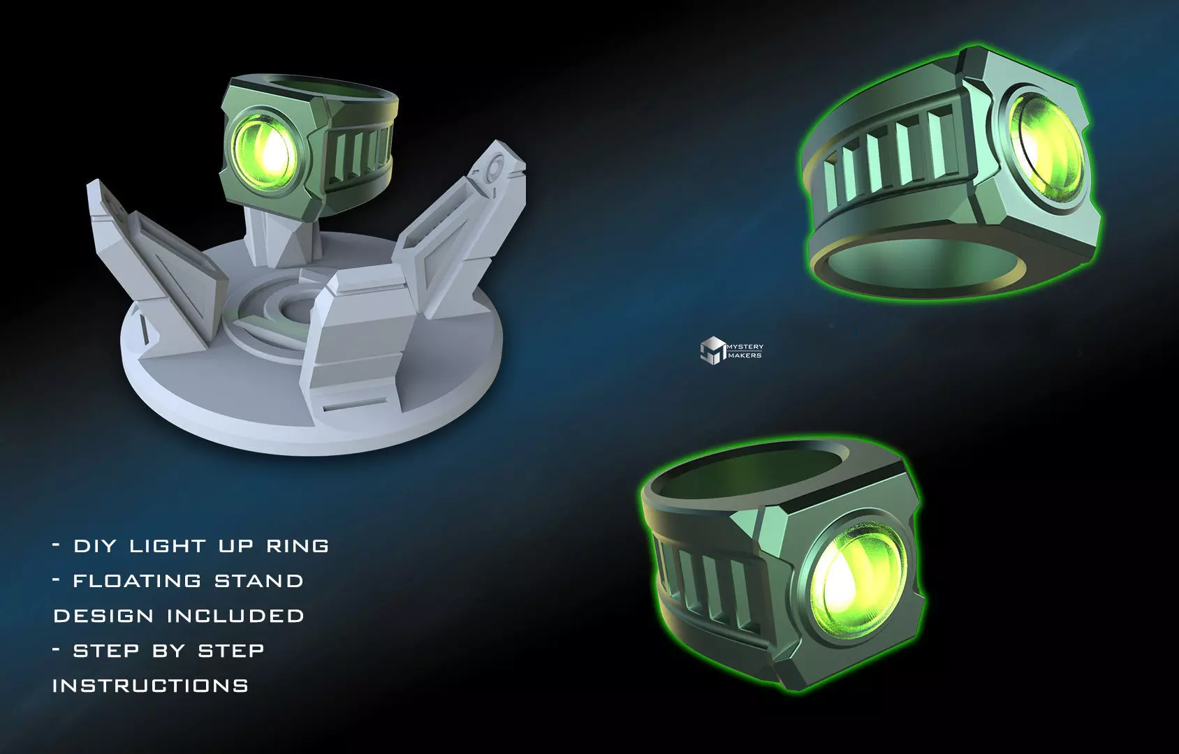Green Lantern ring with levitating stand 3D print model_0
