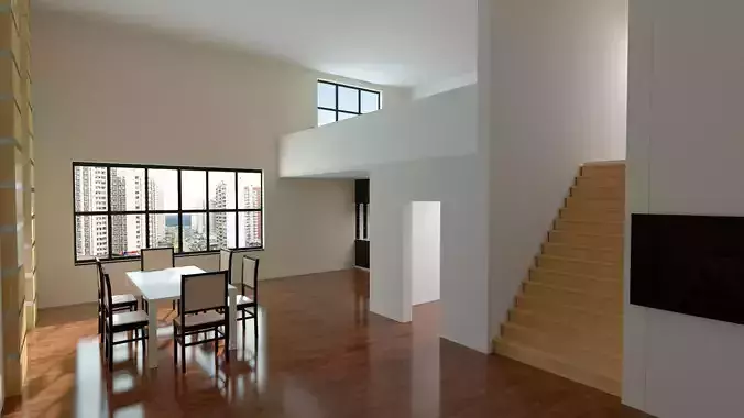 Apartment living room with stairs and dining table