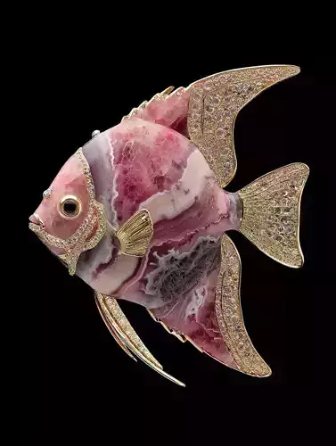 Luxury Fish Brooch 3D Gemstone Jewelry Pink Agate Diamonds Low-poly 3D model