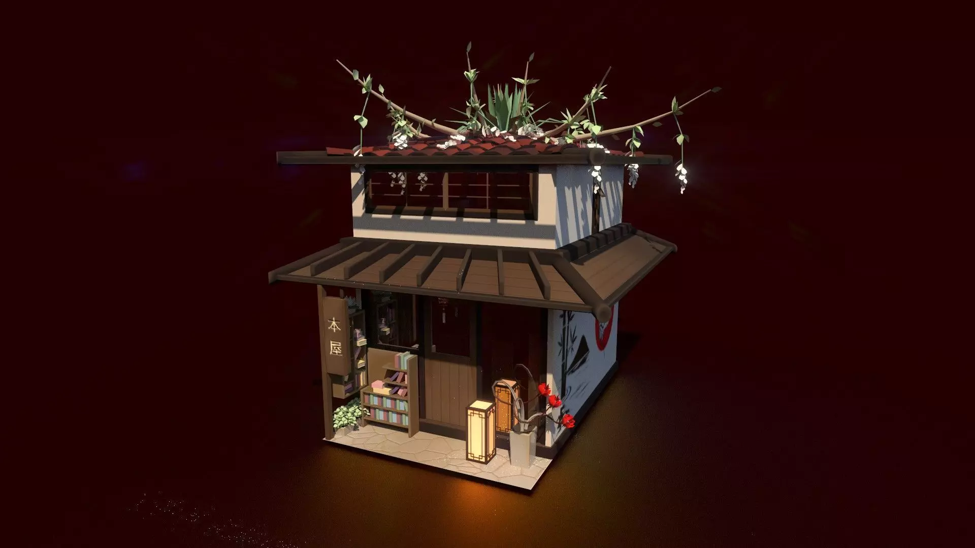 Stylized Japanese bookstore Diorama - Low-poly Low-poly 3D model_1