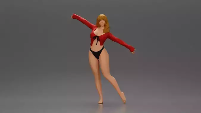 Golden dancer spins gracefully wearing red top and black bikini