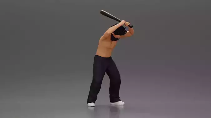 gangster man with curly hair swings baseball bat 3D print model