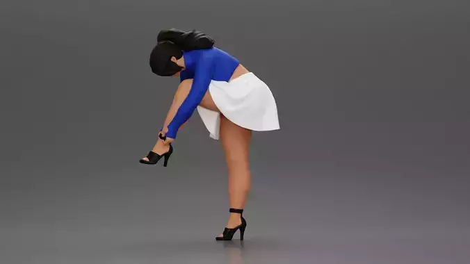 Young woman in skirt adjusts her elegant black high heeled shoes 3D print model