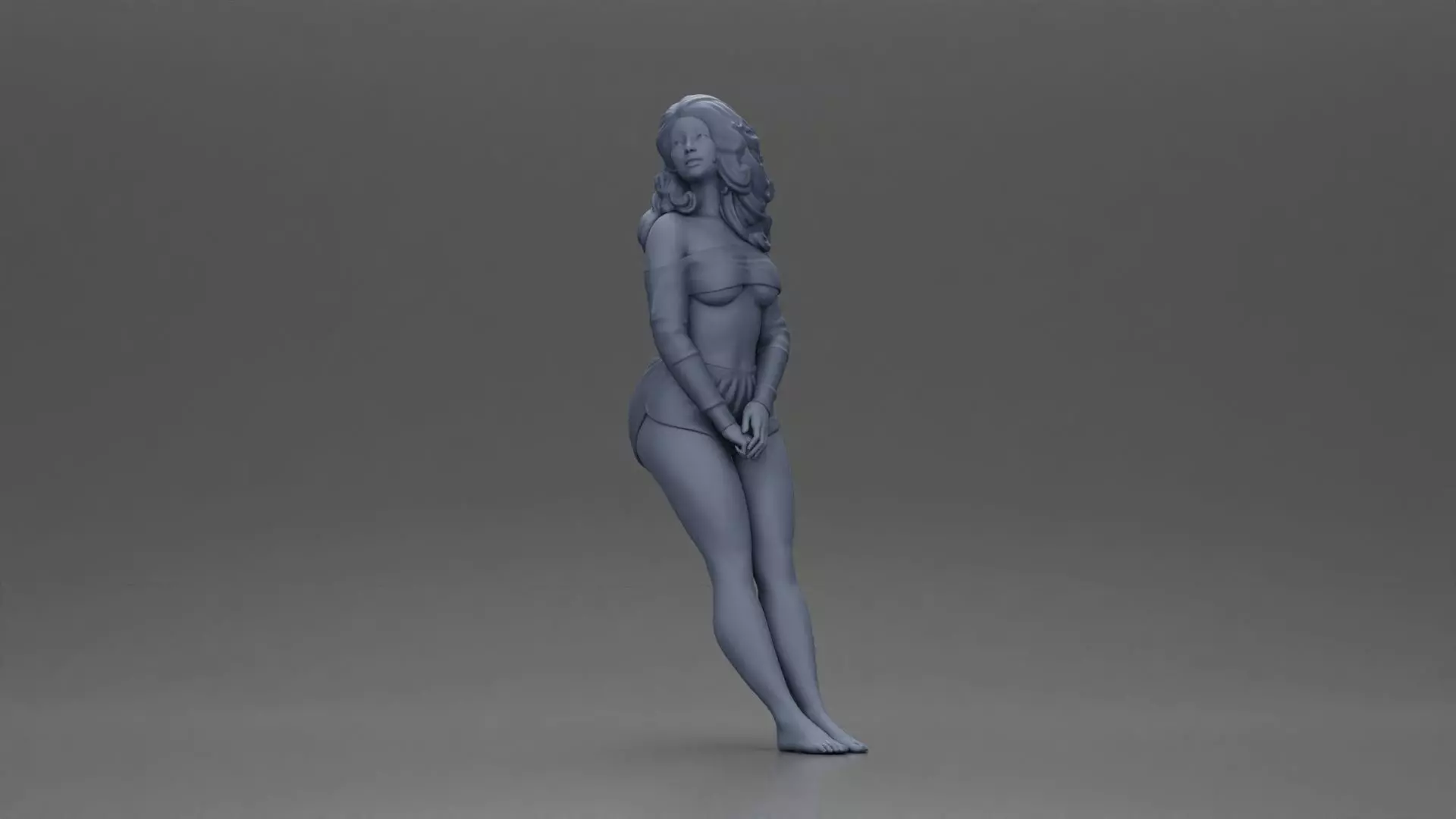 Woman in yellow top and red shorts leaning to wall 3D print model_6