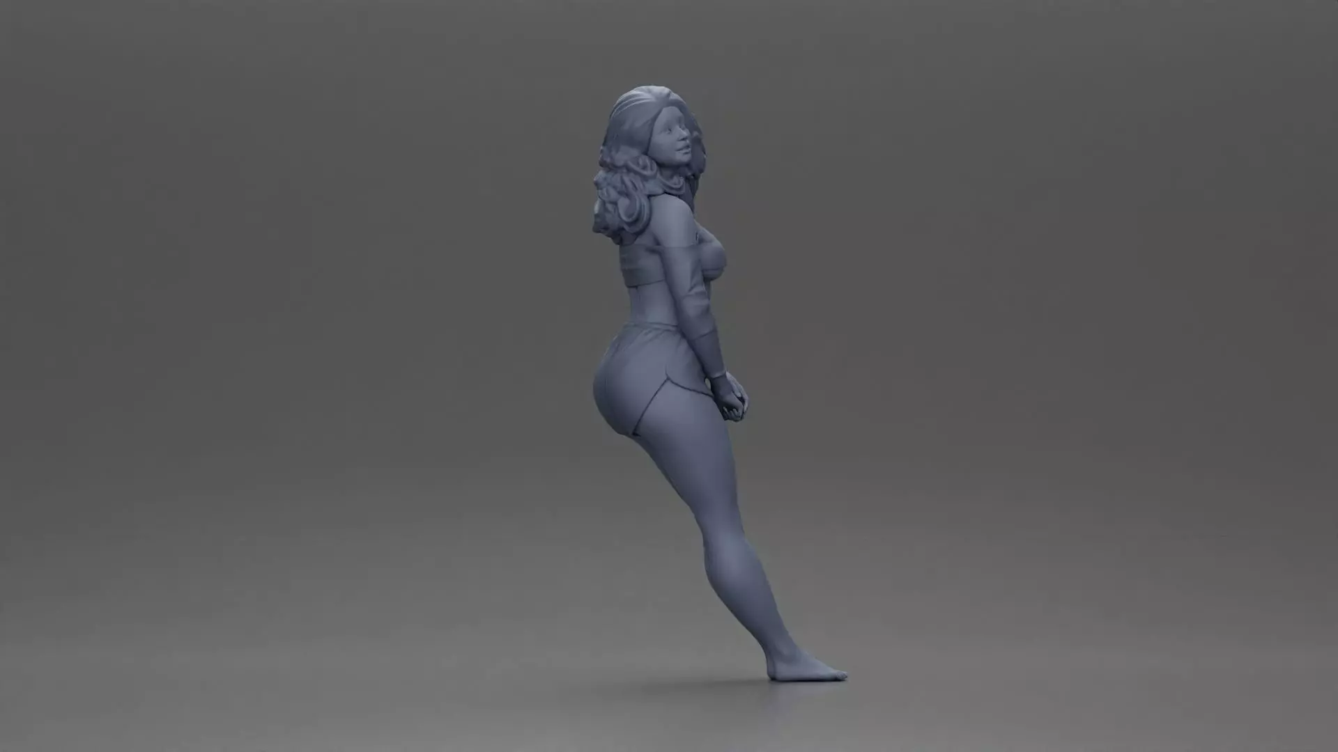 Woman in yellow top and red shorts leaning to wall 3D print model_7