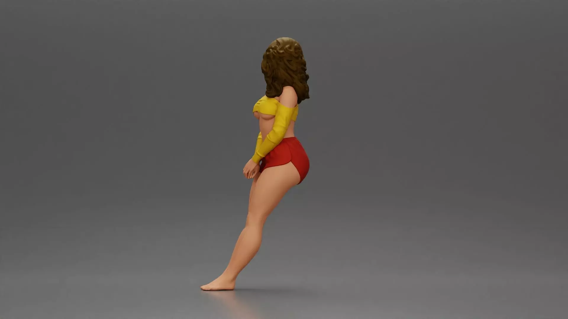 Woman in yellow top and red shorts leaning to wall 3D print model_4