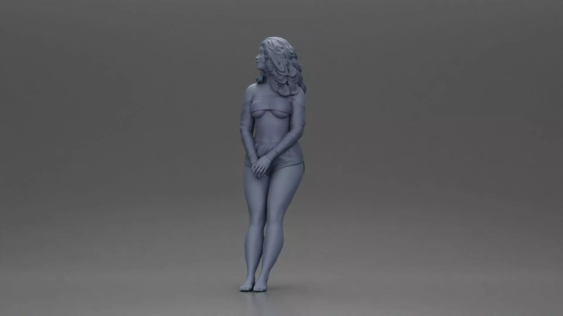 Woman in yellow top and red shorts leaning to wall 3D print model_11