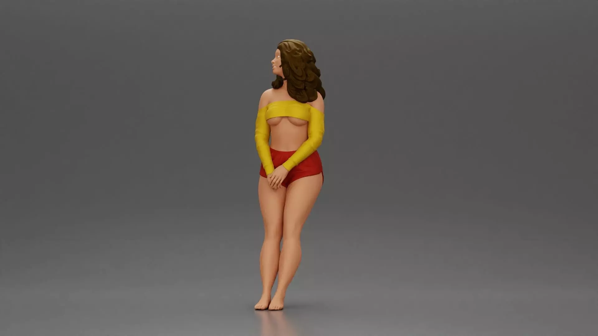 Woman in yellow top and red shorts leaning to wall 3D print model_5