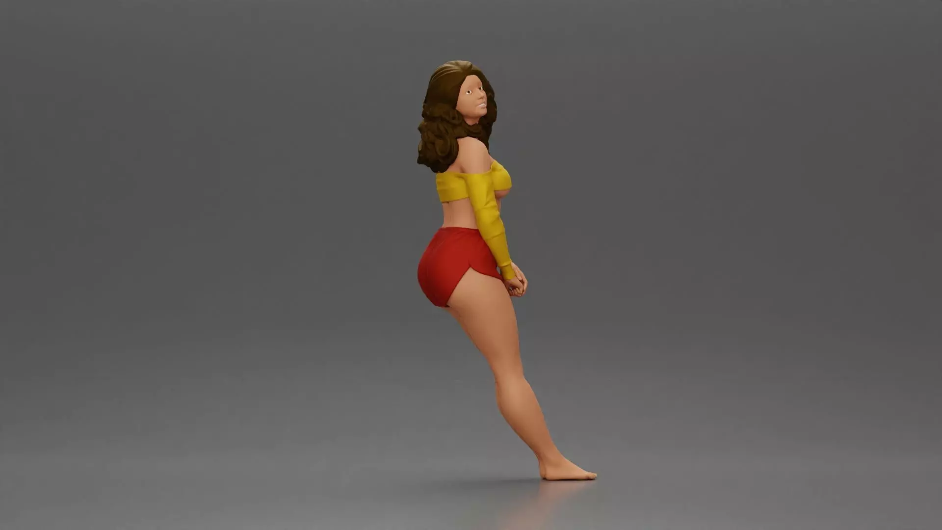Woman in yellow top and red shorts leaning to wall 3D print model_1