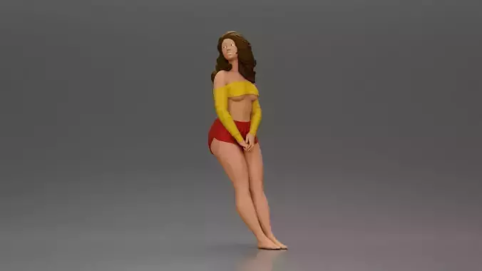 Woman in yellow top and red shorts leaning to wall