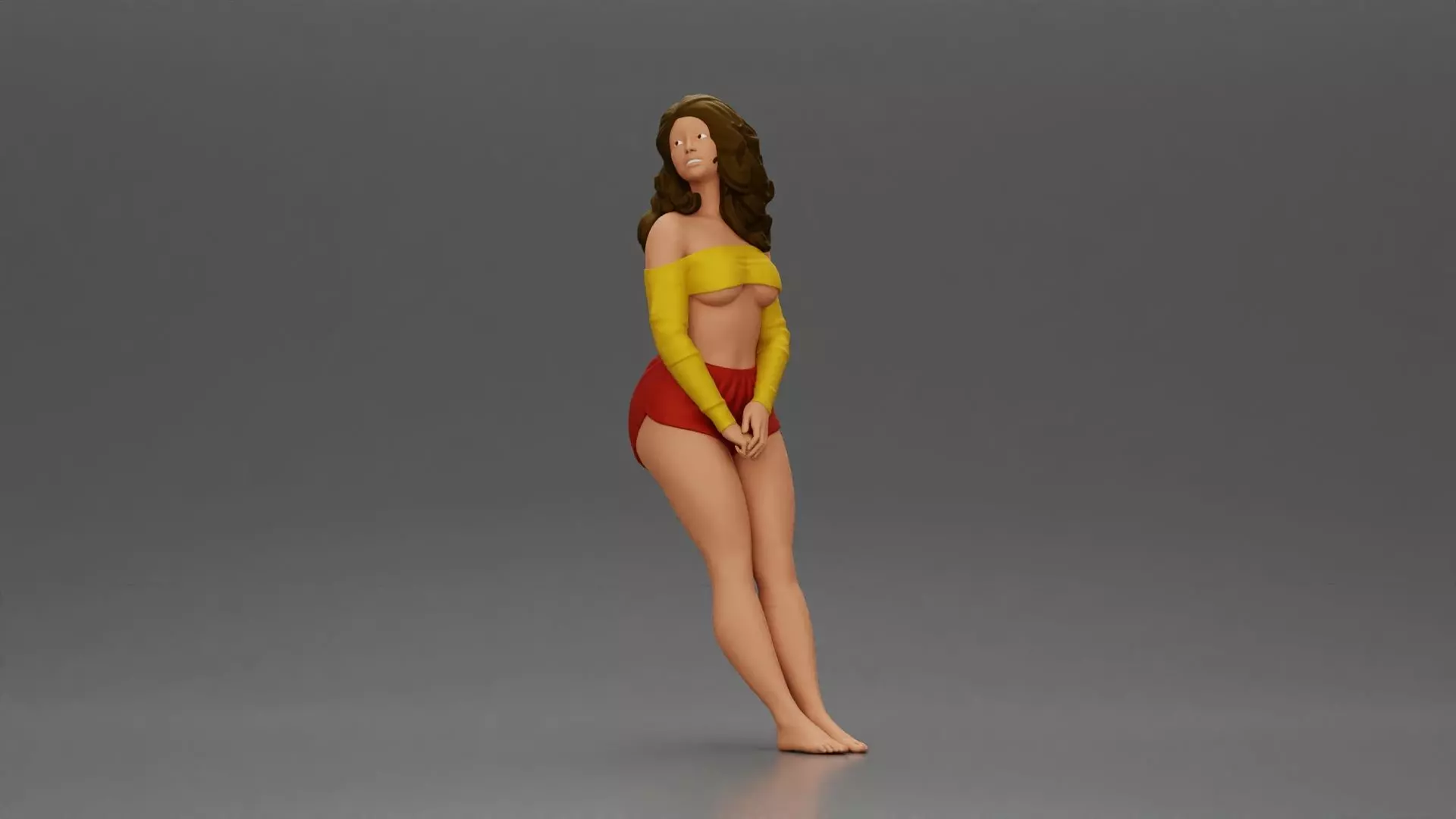 Woman in yellow top and red shorts leaning to wall 3D print model_0