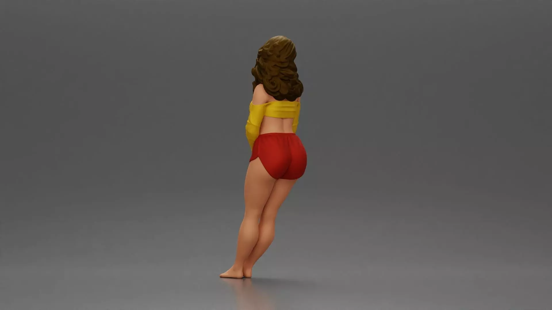 Woman in yellow top and red shorts leaning to wall 3D print model_3