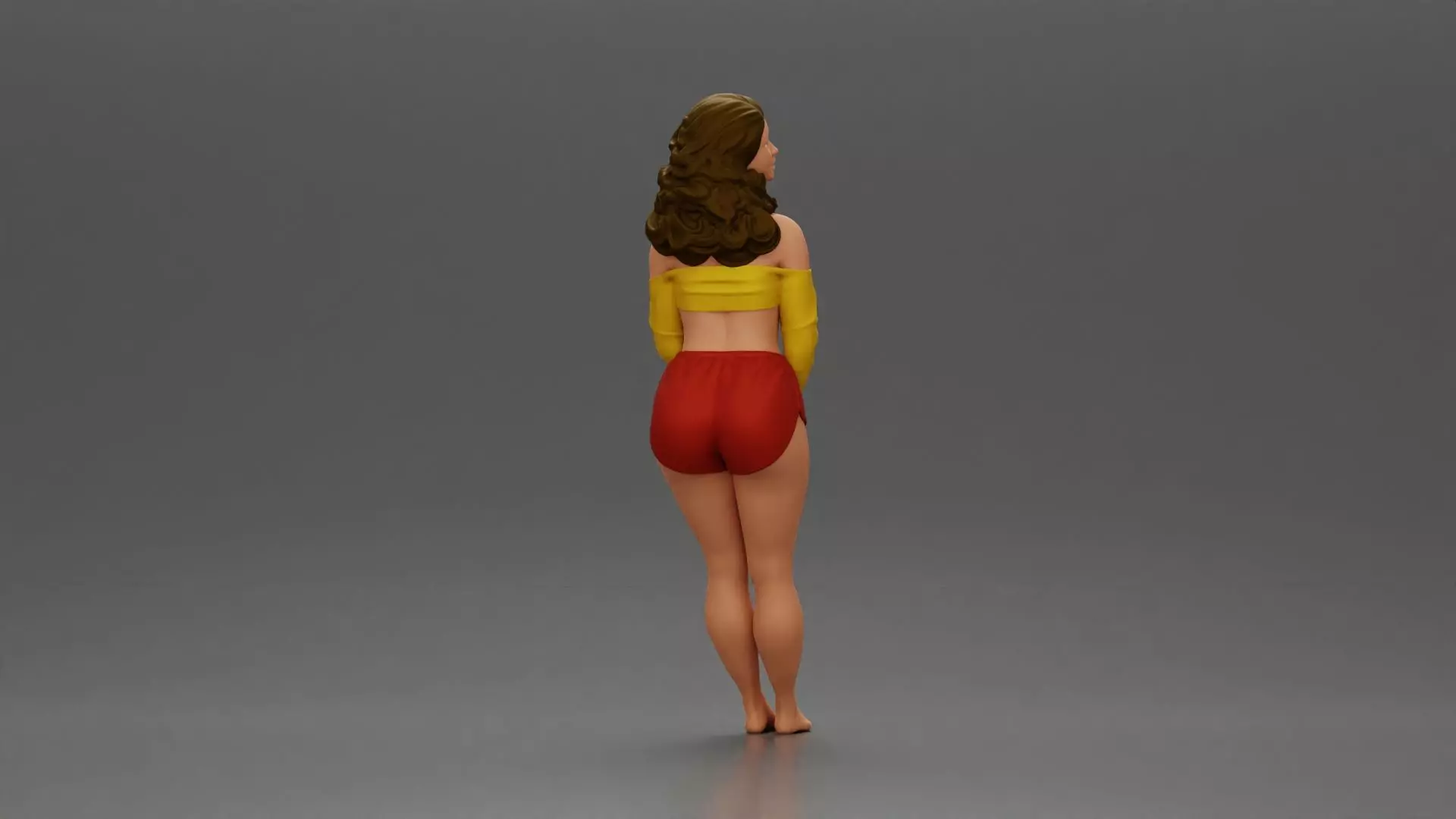 Woman in yellow top and red shorts leaning to wall 3D print model_2