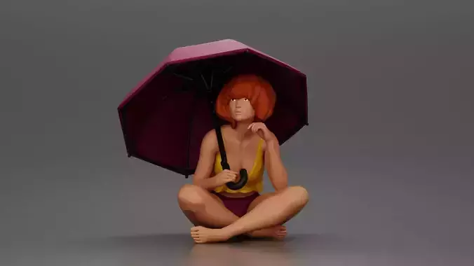 Girl with hair holding umbrella sitting in thoughtful pose