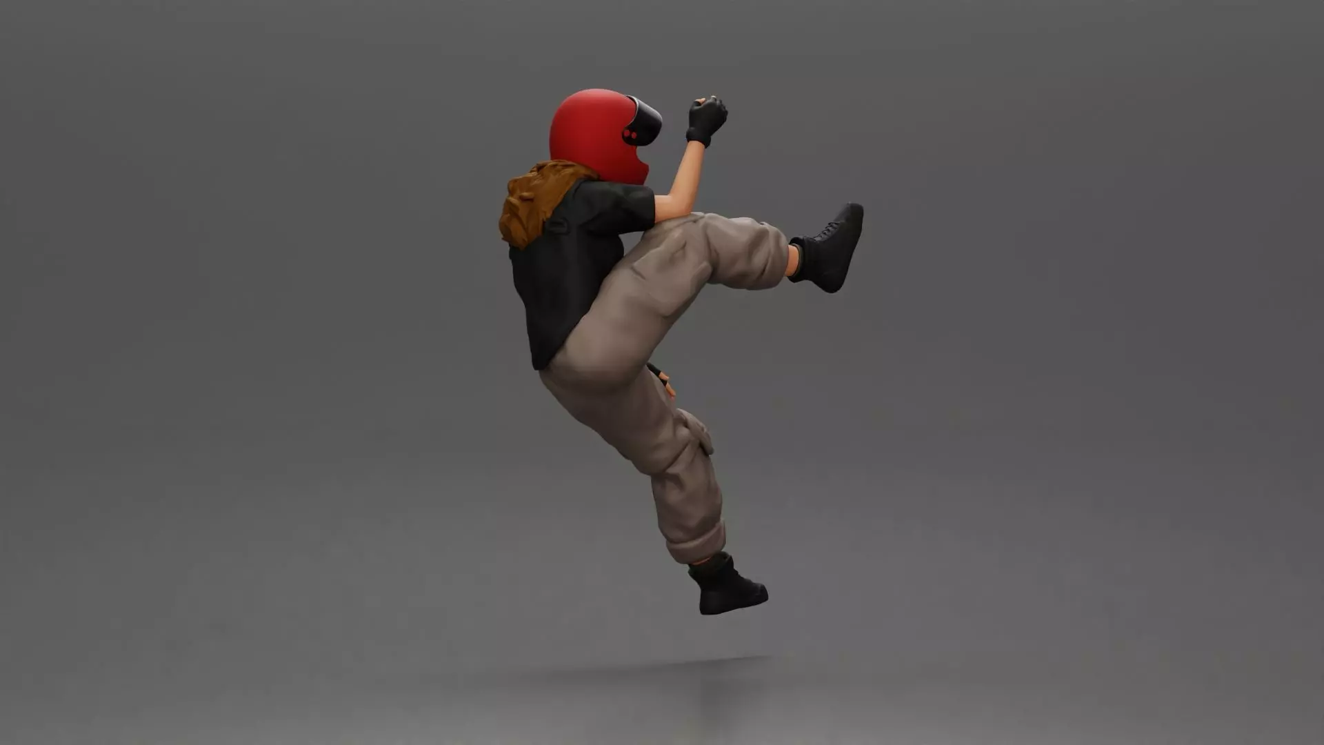 Biker woman in red helmet striking pose on black motorcycle 3D print model_4