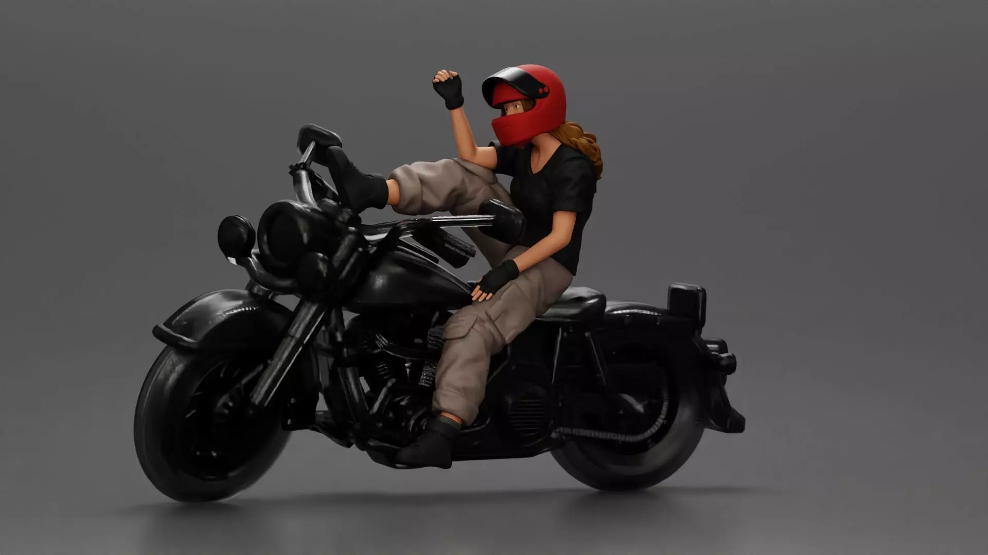 Biker woman in red helmet striking pose on black motorcycle 3D print model_0