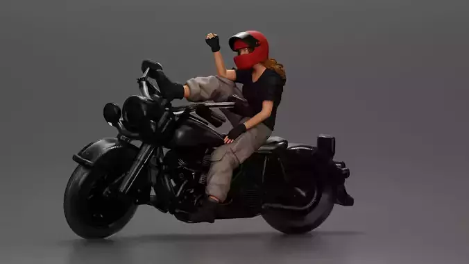 Biker woman in red helmet striking pose on black motorcycle 3D print model
