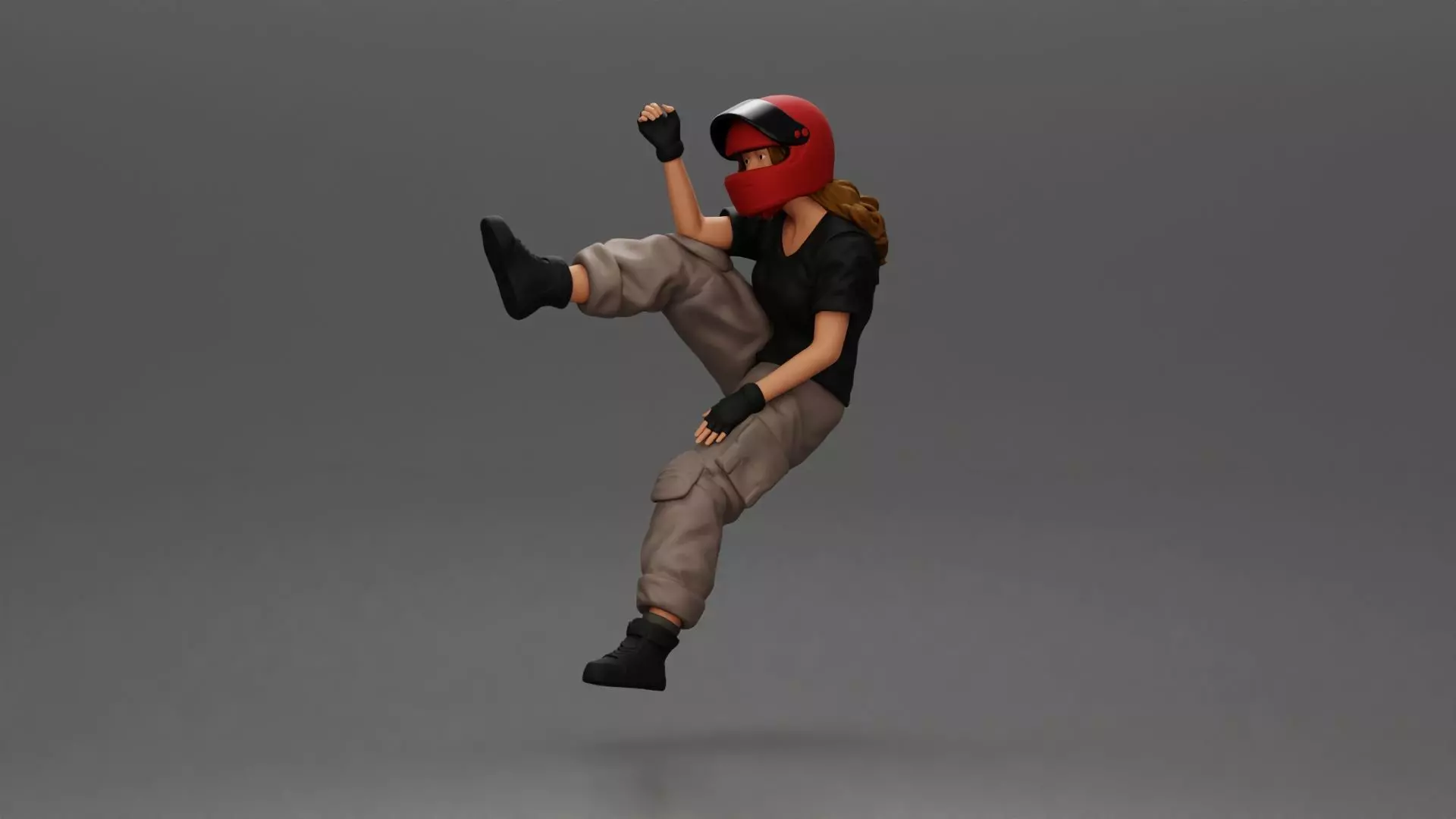 Biker woman in red helmet striking pose on black motorcycle 3D print model_1