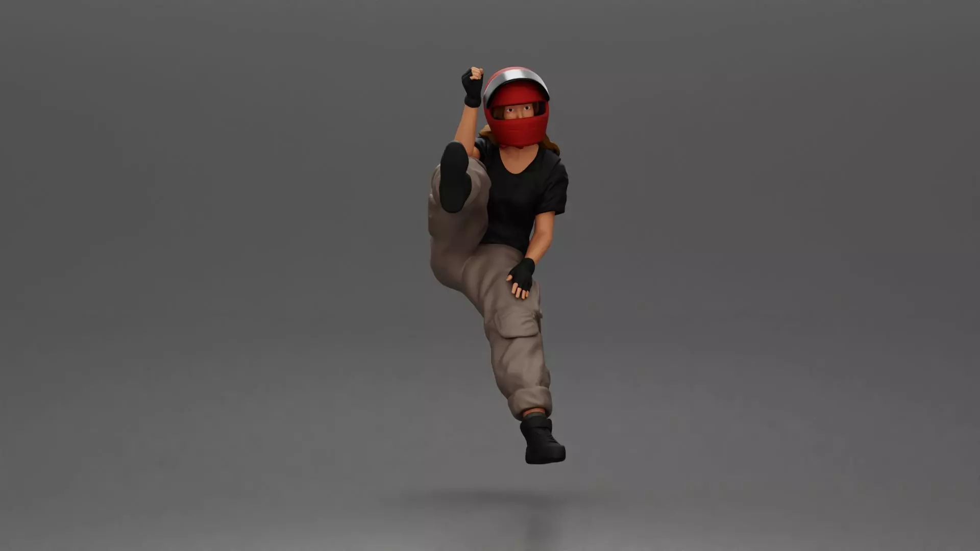 Biker woman in red helmet striking pose on black motorcycle 3D print model_2