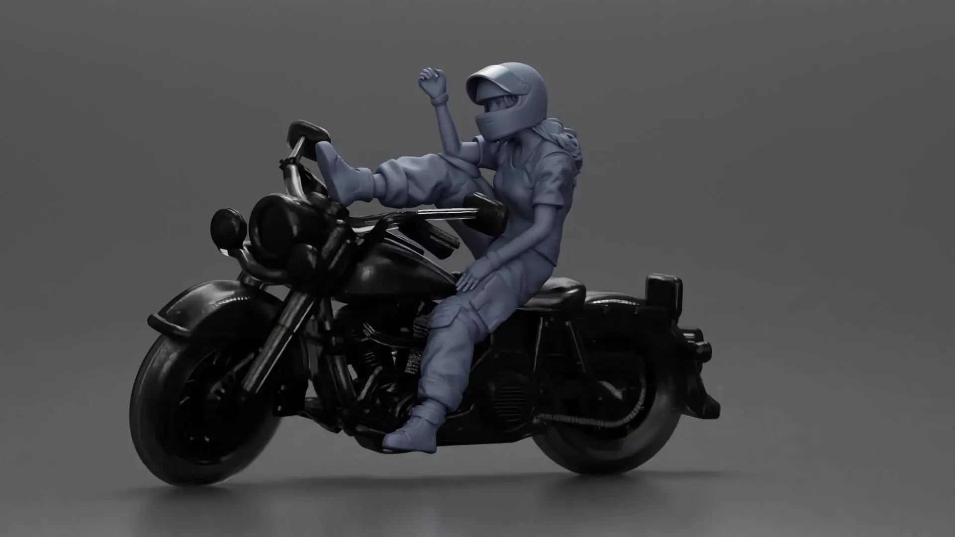 Biker woman in red helmet striking pose on black motorcycle 3D print model_7