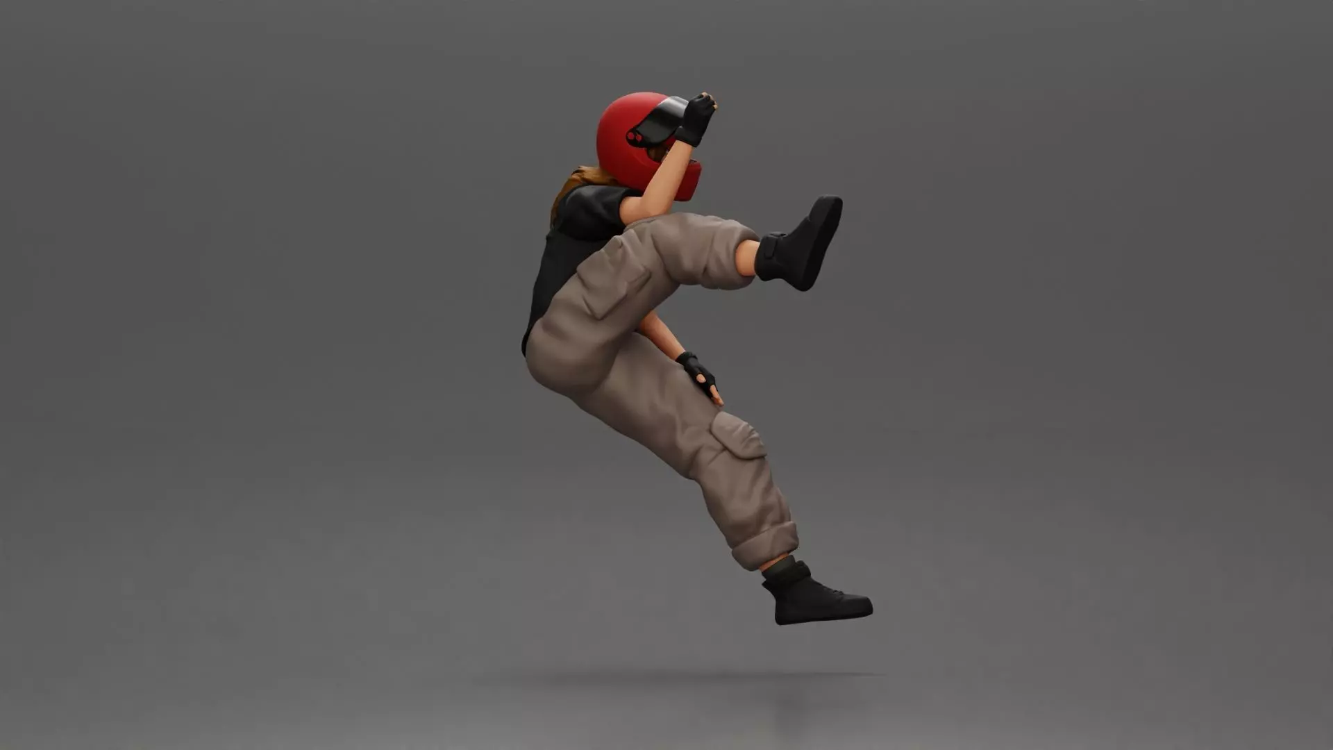 Biker woman in red helmet striking pose on black motorcycle 3D print model_3