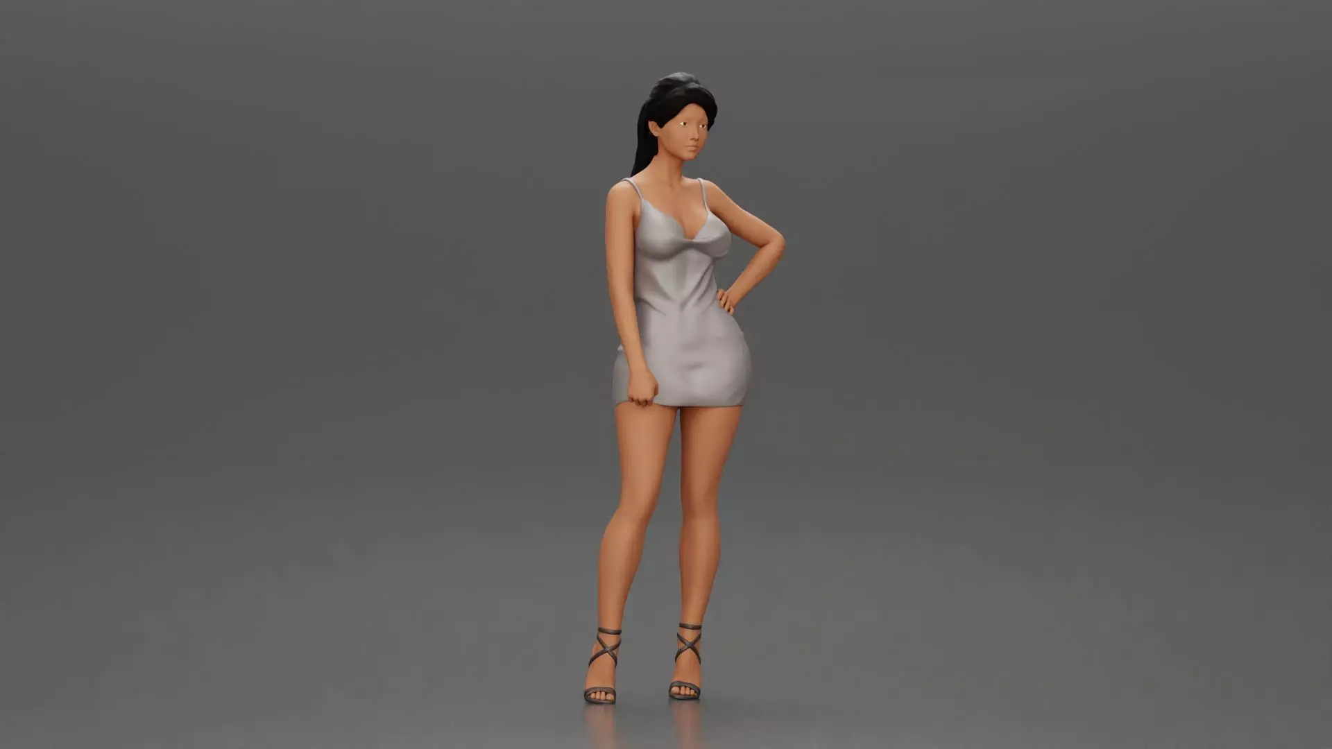 Woman in silver mini dress posing with hand on hip 3D print model_0
